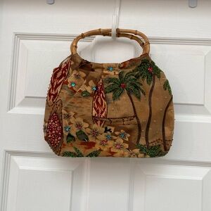 Mystique Boutique Tropical Brown Hand Bag w Bamboo Handles